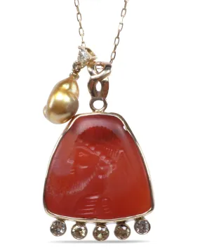 Ancient Sapphire Carnelian Carved Pendant