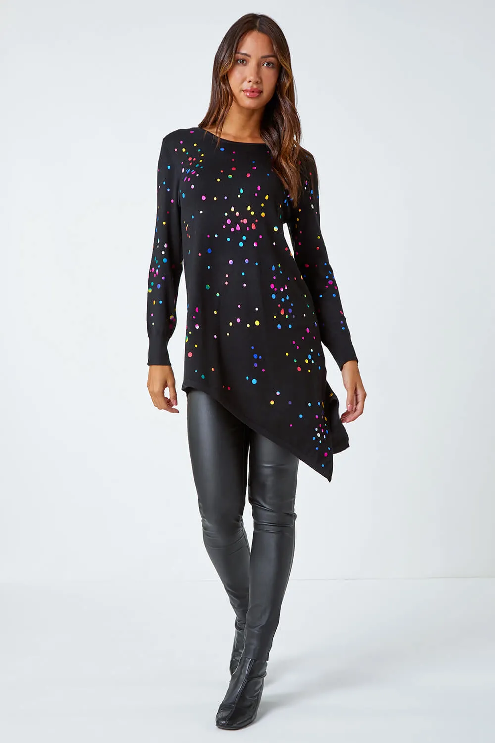 Black Metallic Spot Print Asymmetric Jumper | Roman UK