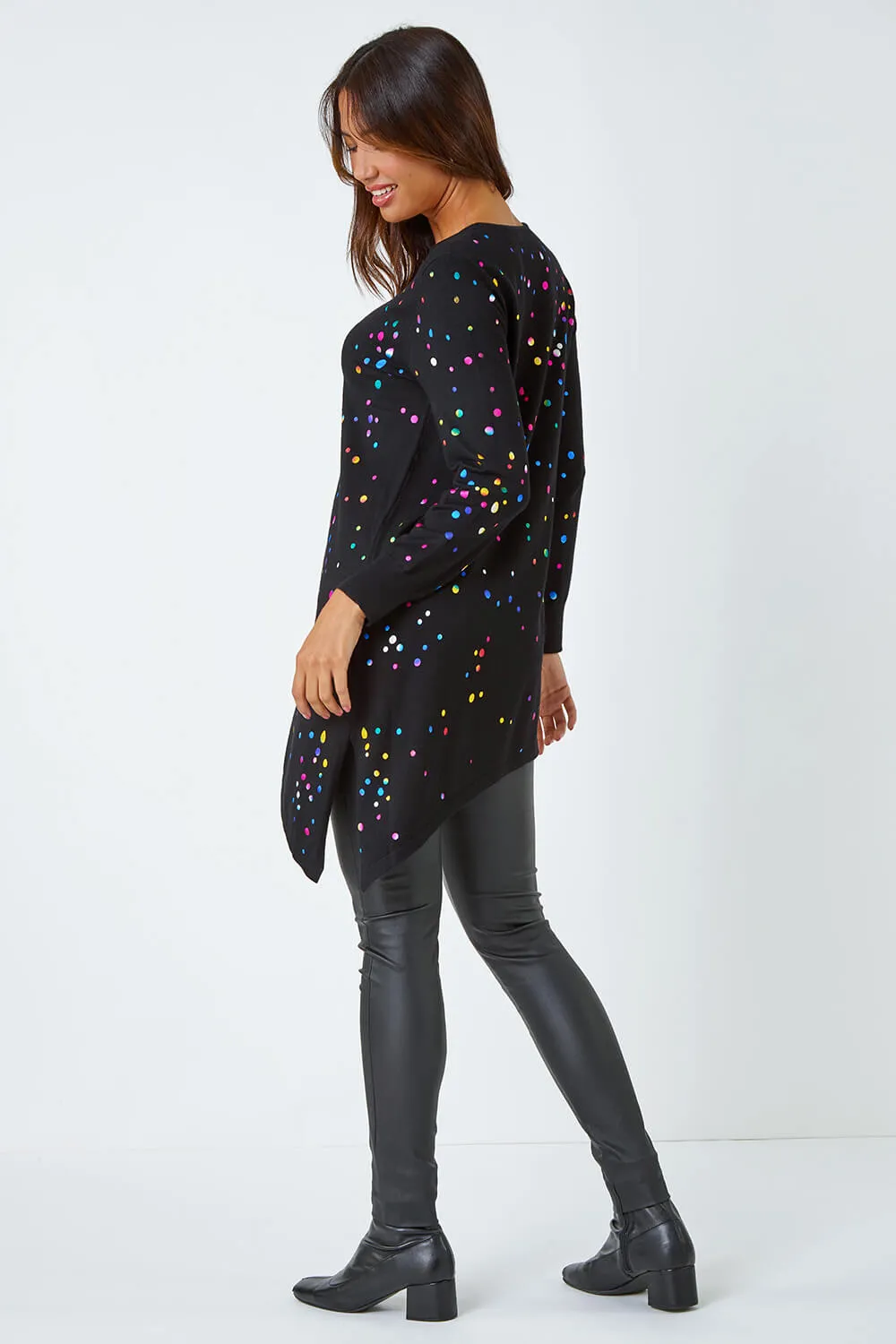 Black Metallic Spot Print Asymmetric Jumper | Roman UK