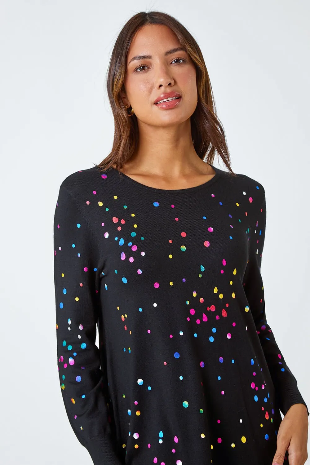 Black Metallic Spot Print Asymmetric Jumper | Roman UK