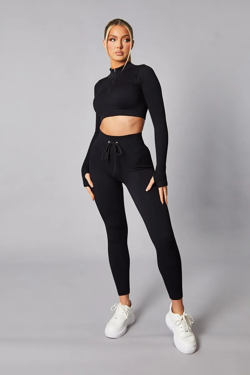 Black Rib Knit Zip Front Crop Top & Leggings Set - Nico