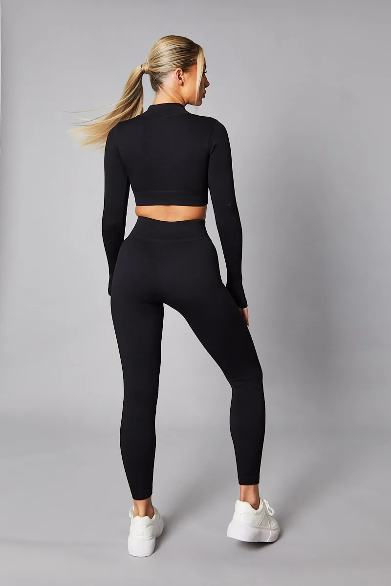 Black Rib Knit Zip Front Crop Top & Leggings Set - Nico