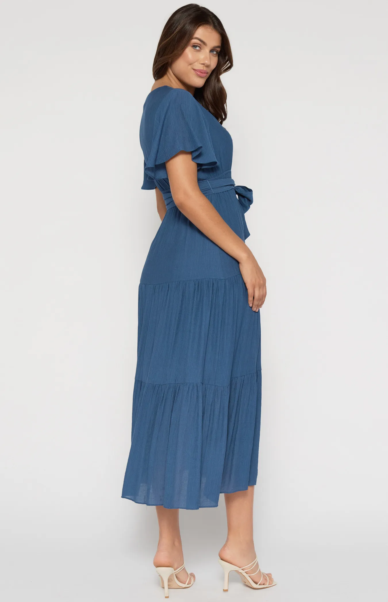 Butterfly Sleeve Shirred Waist Maxi Dress (ADR1138-2A)