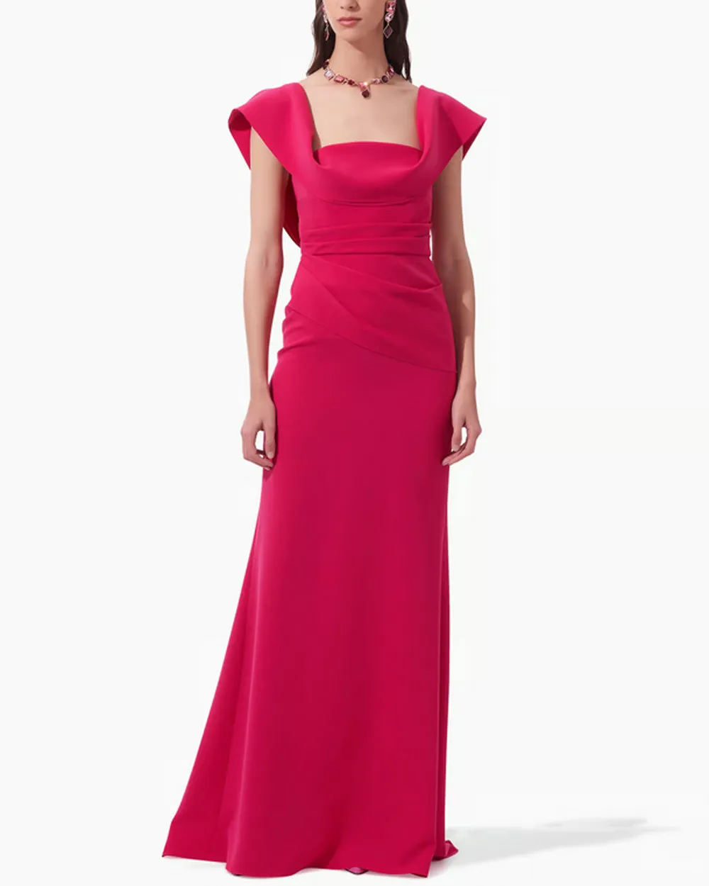 Cerise Pink Drape Neck Flared Gown