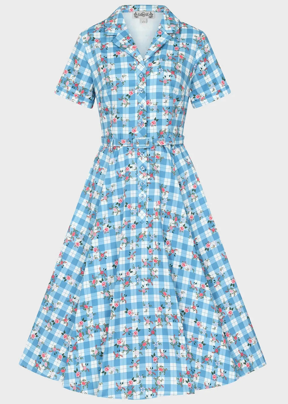 Collectif Caterina Gingham Garden 50's Swing Dress Blue