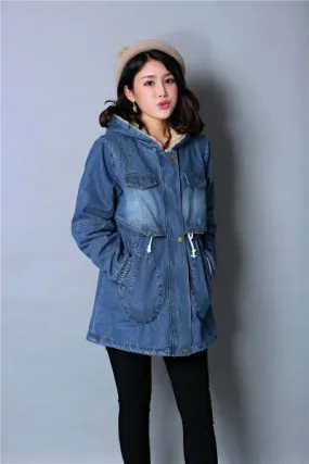 Denim long hooded coat for women