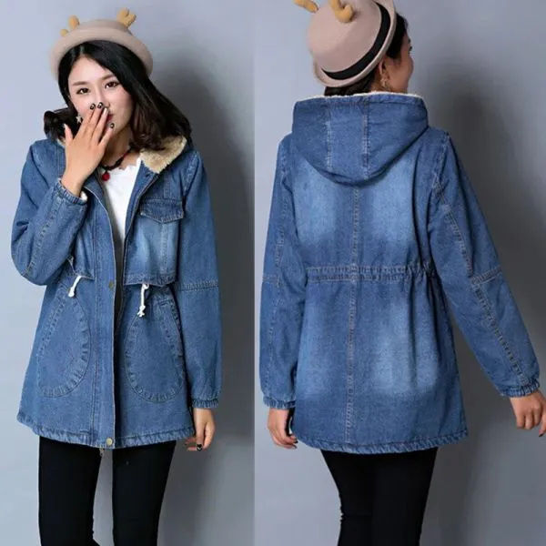 Denim long hooded coat for women