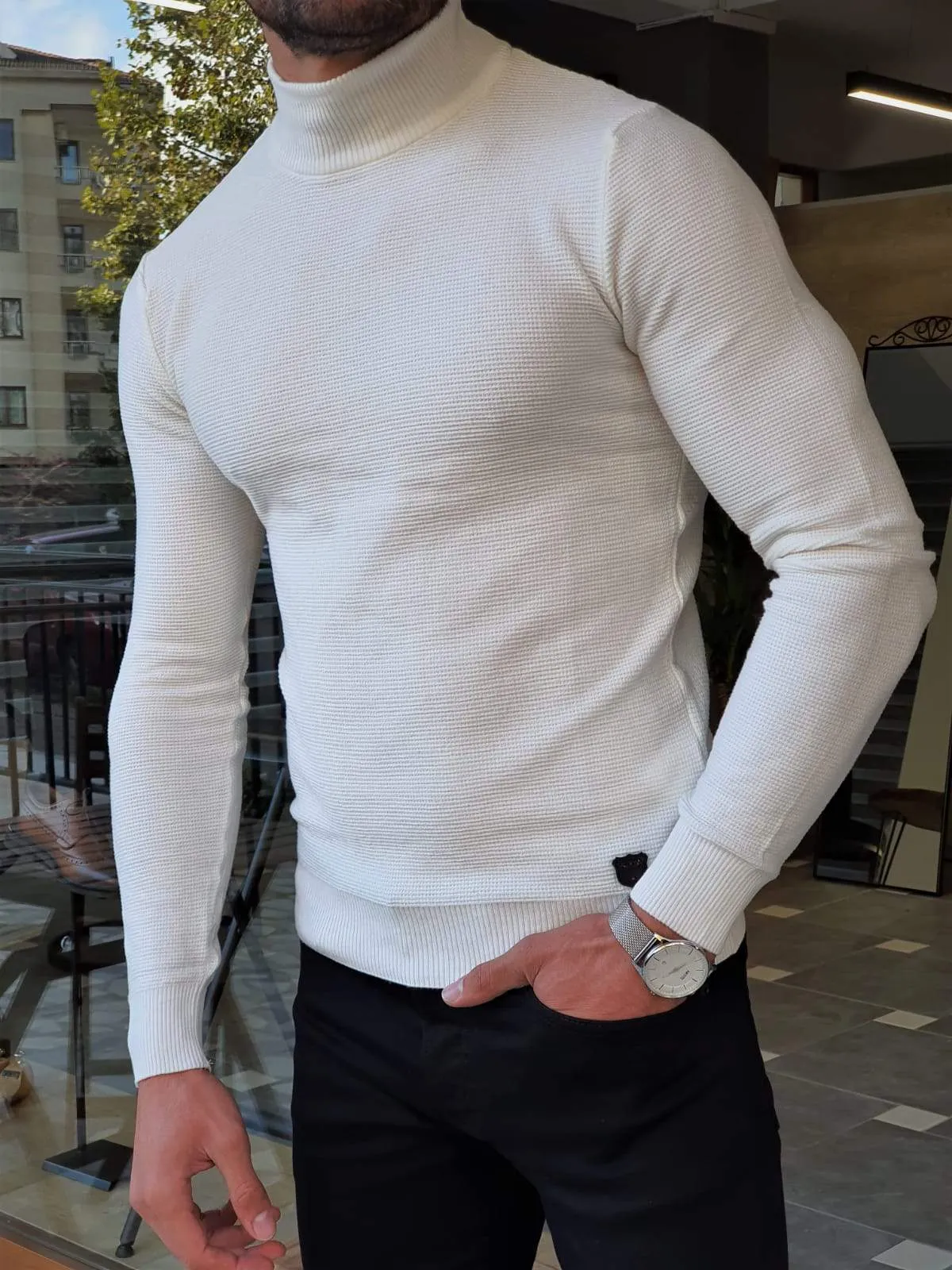 Elko White Slim Fit Mock Turtleneck Sweater