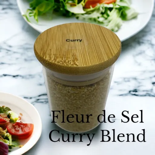 Fleur de Sel, with Curry Blend Seasoning , Table sea salt. Jar with Bamboo Lid. Nt. Wt. 3 oz