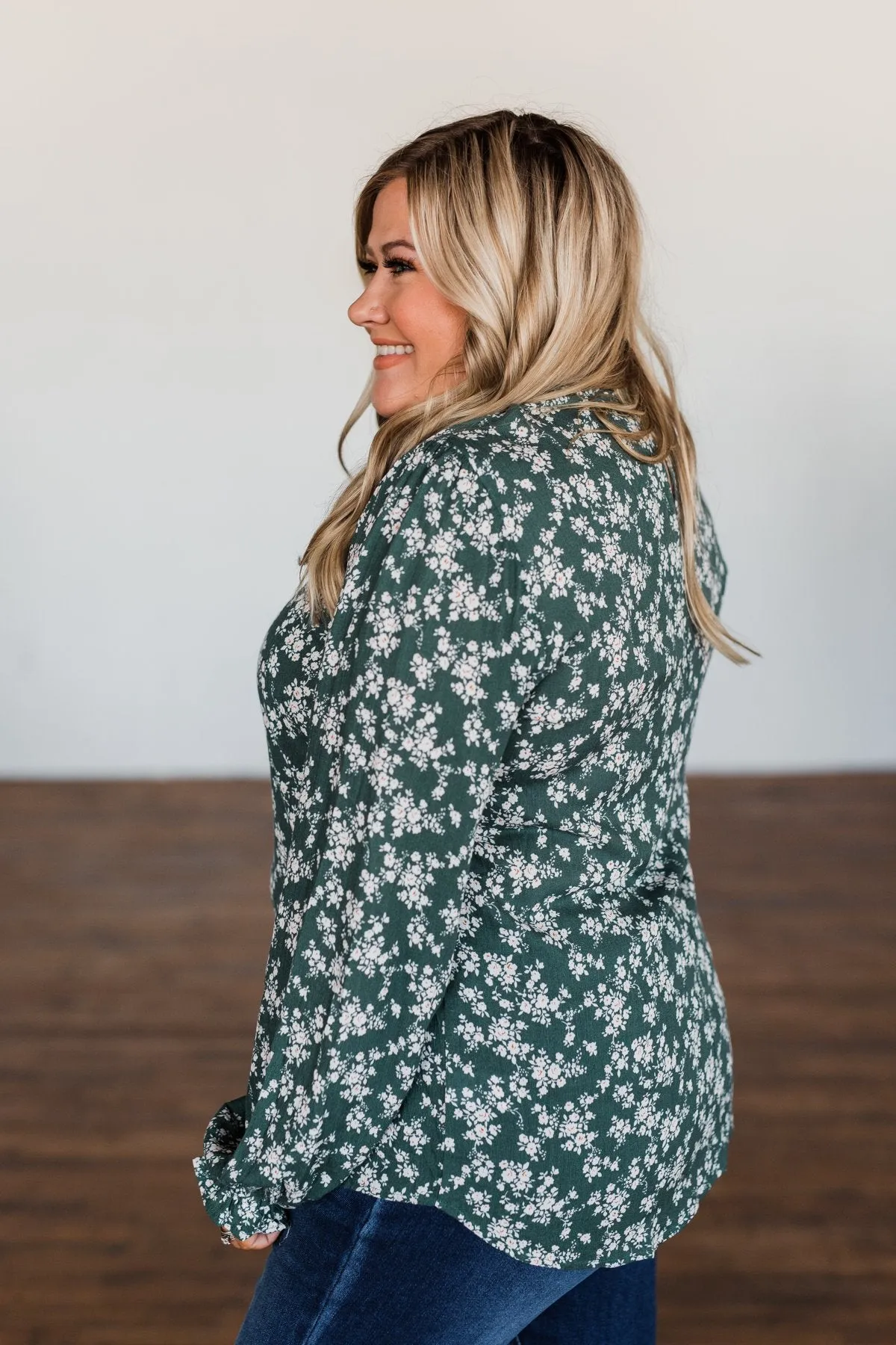 High Standards Floral Ruffle Blouse- Forest Green