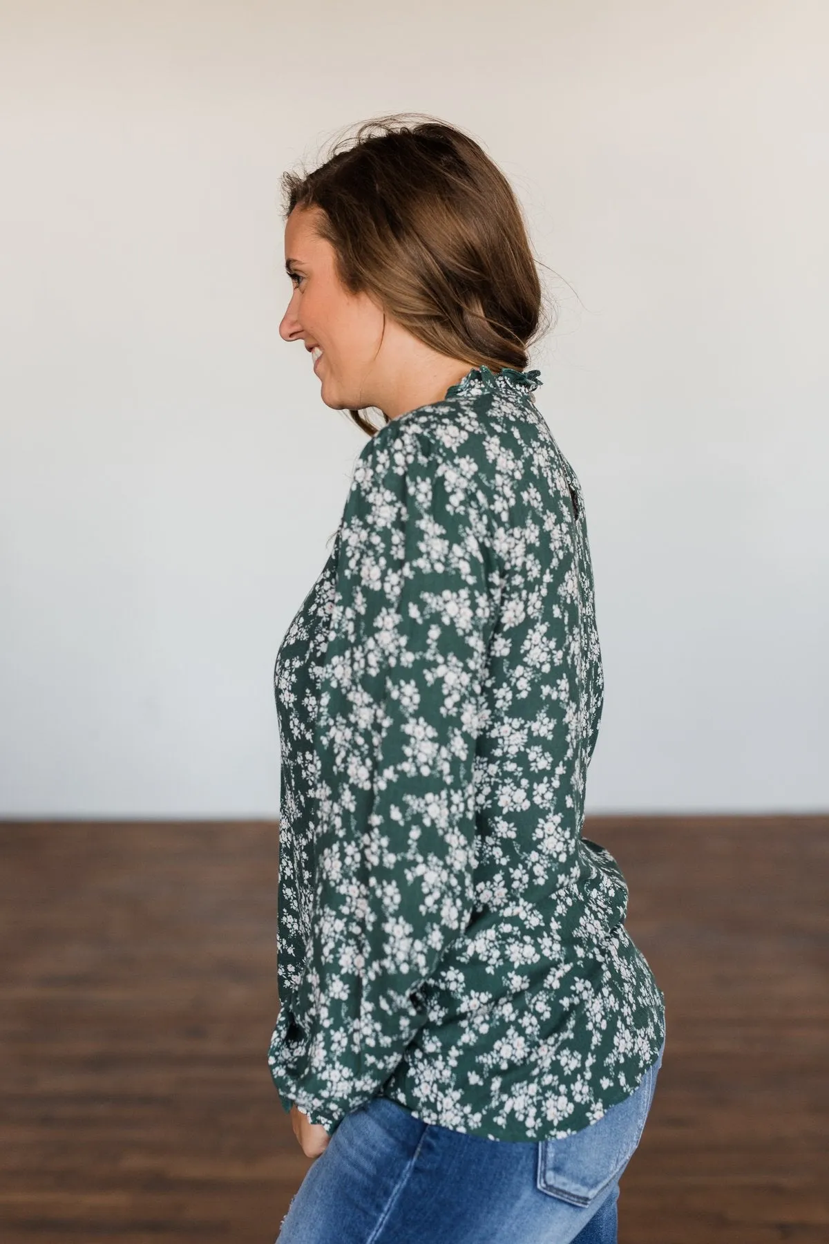 High Standards Floral Ruffle Blouse- Forest Green