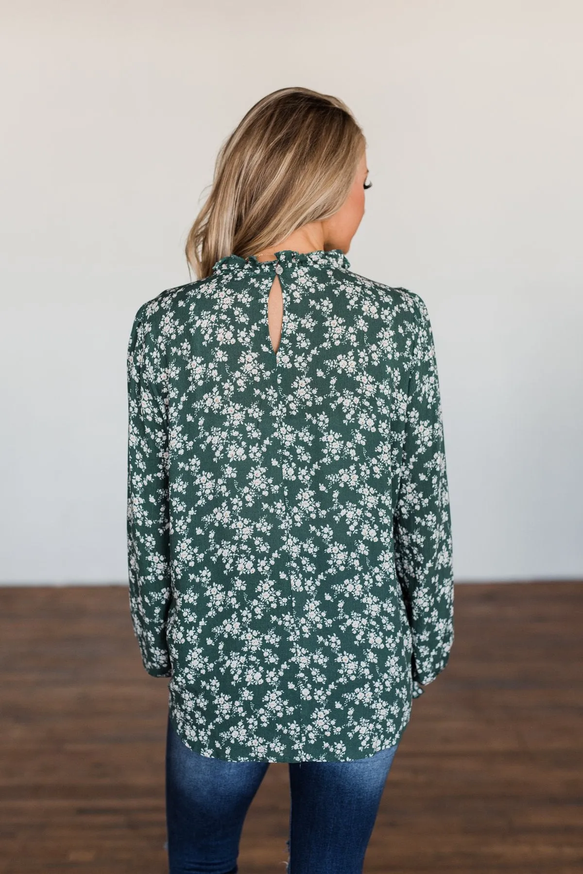 High Standards Floral Ruffle Blouse- Forest Green