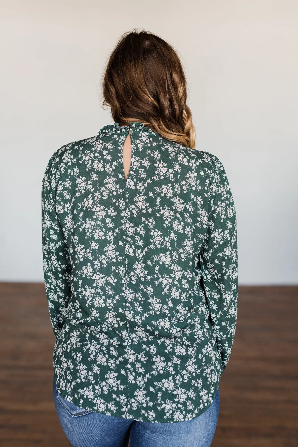 High Standards Floral Ruffle Blouse- Forest Green