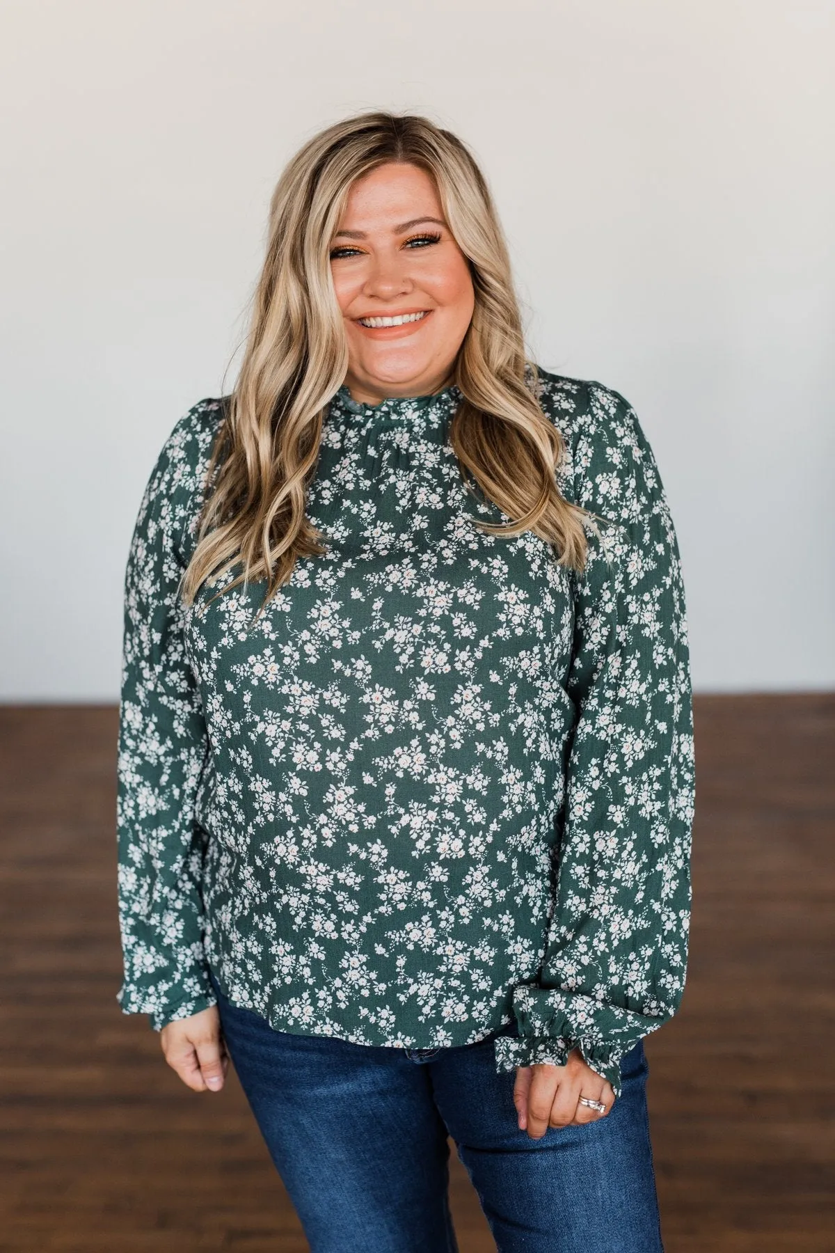 High Standards Floral Ruffle Blouse- Forest Green