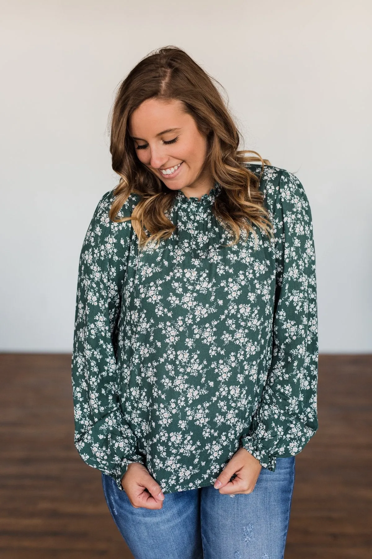 High Standards Floral Ruffle Blouse- Forest Green