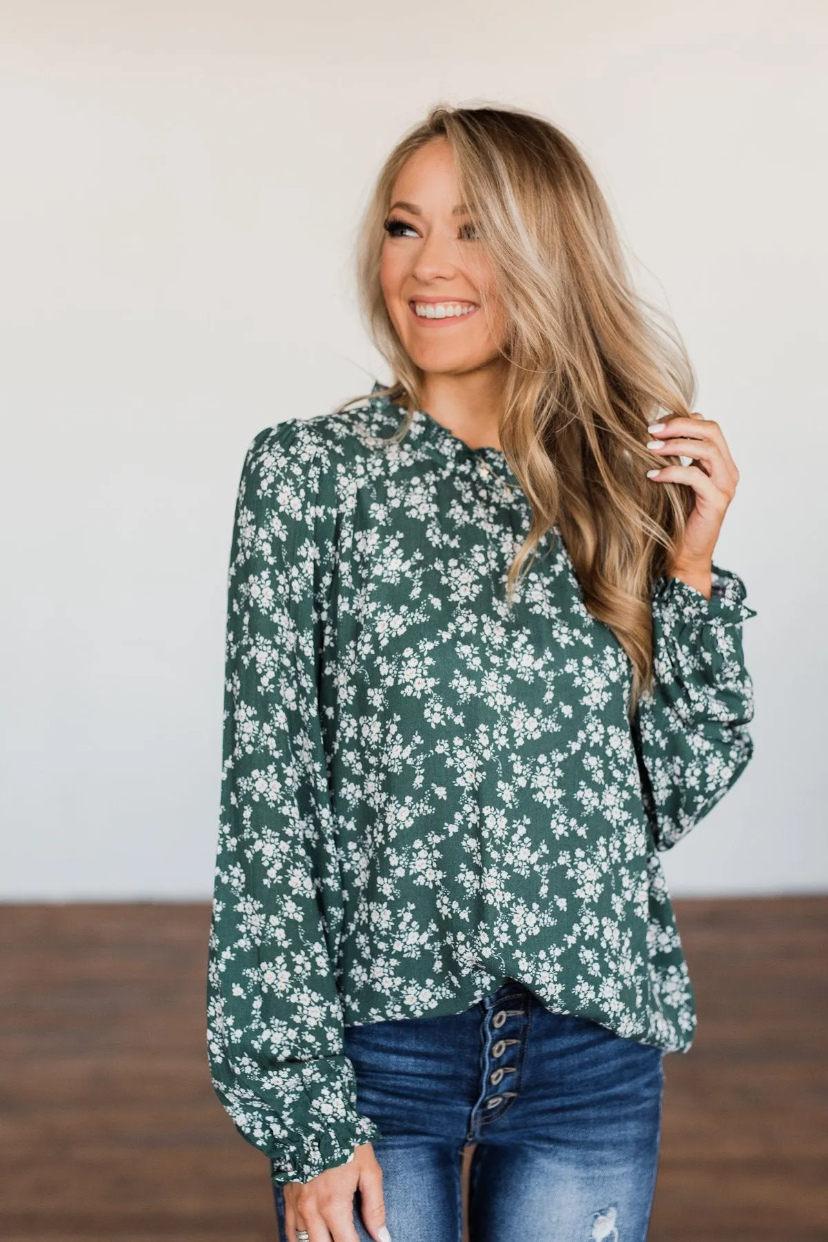 High Standards Floral Ruffle Blouse- Forest Green