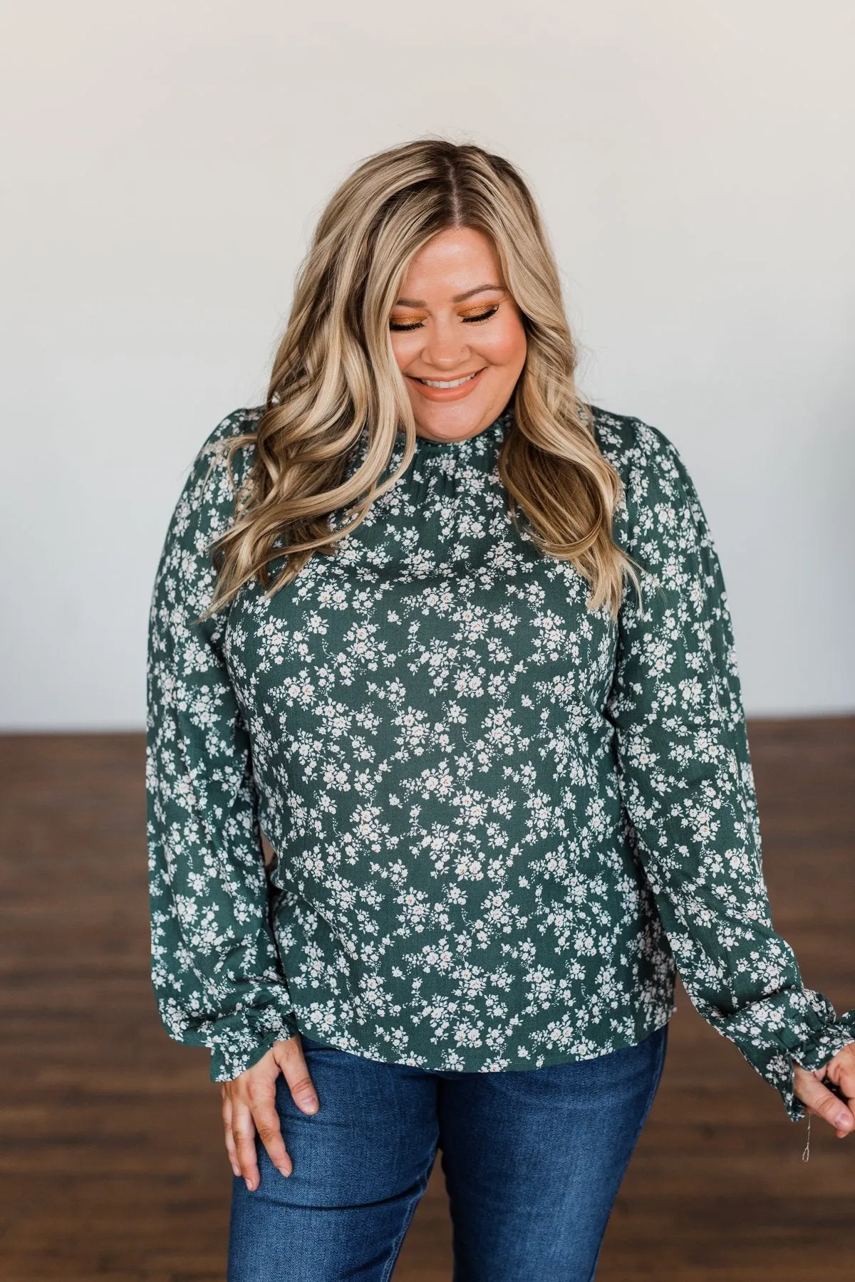 High Standards Floral Ruffle Blouse- Forest Green