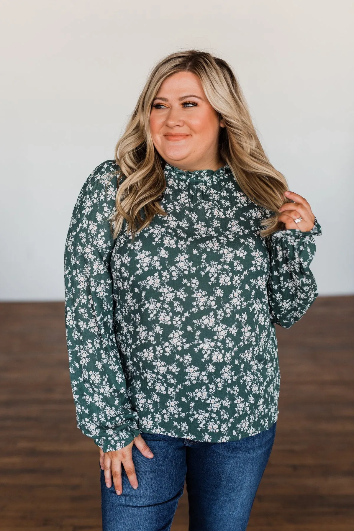 High Standards Floral Ruffle Blouse- Forest Green