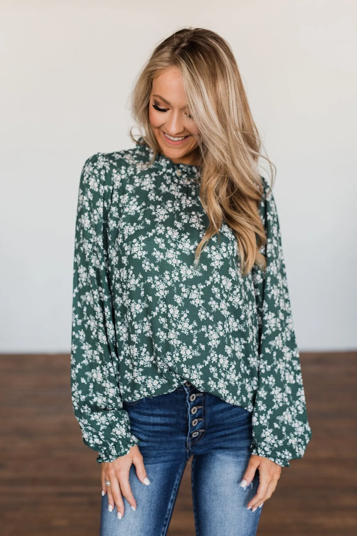 High Standards Floral Ruffle Blouse- Forest Green