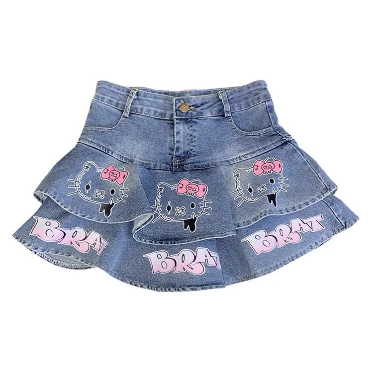 JAPANESE CUTE “HELLO KITTY” Y2K CAKE DENIM SKIRT BY50058