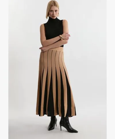 Karen Millen Pointelle Knit Color Blocked Pleated Skirt