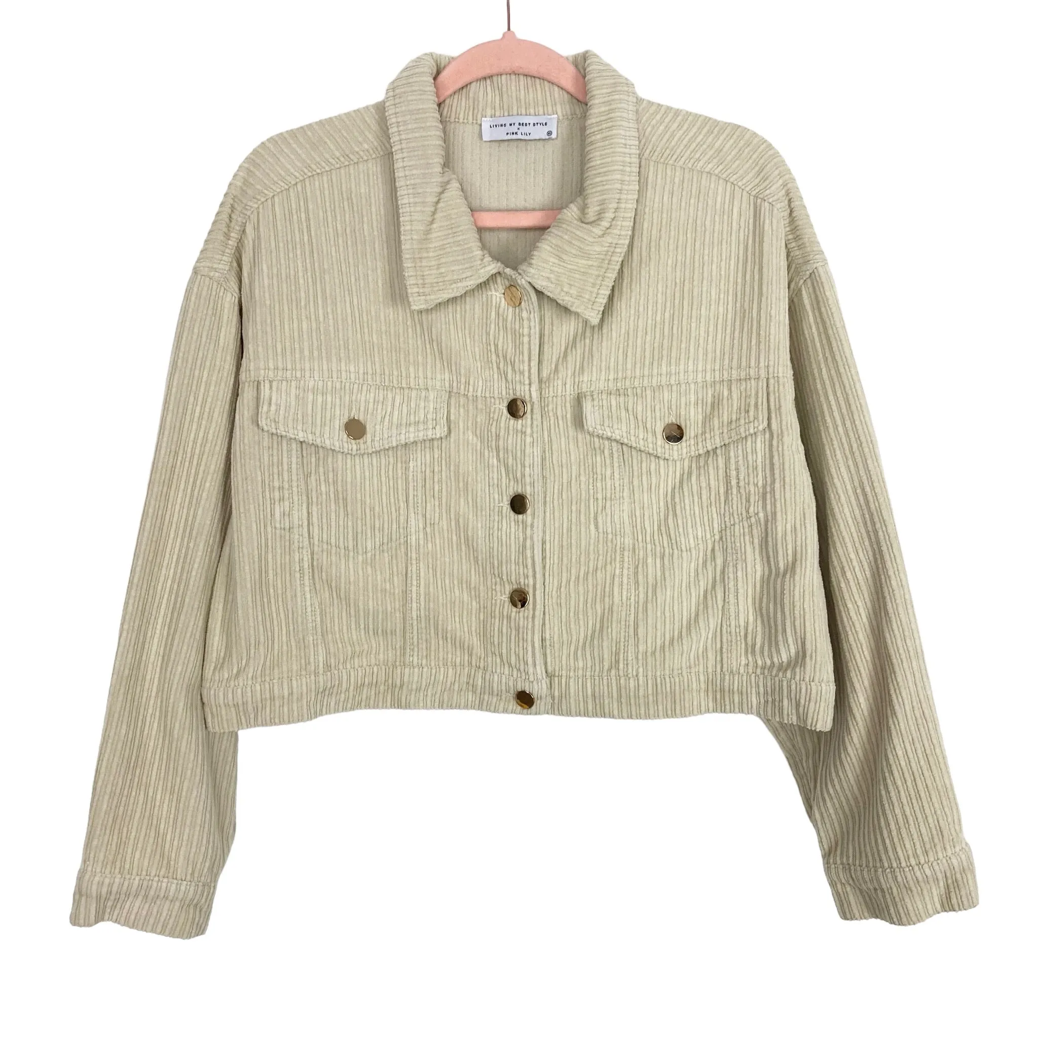 Living My Best Style x Pink Lily Beige Corduroy with Embroidered Collar Cropped Jacket- Size XL (sold out online, see notes)