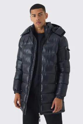 Longline High Shine Hooded Puffer in Black | boohooMAN UK