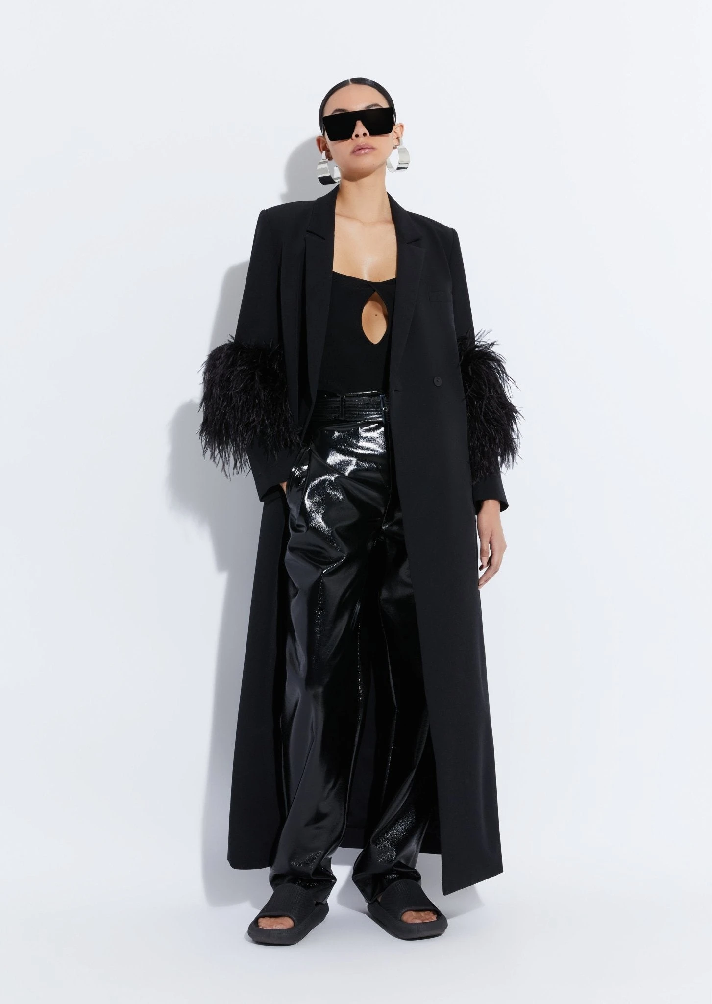 		Matte Crepe Elongated Coat With Feathers	