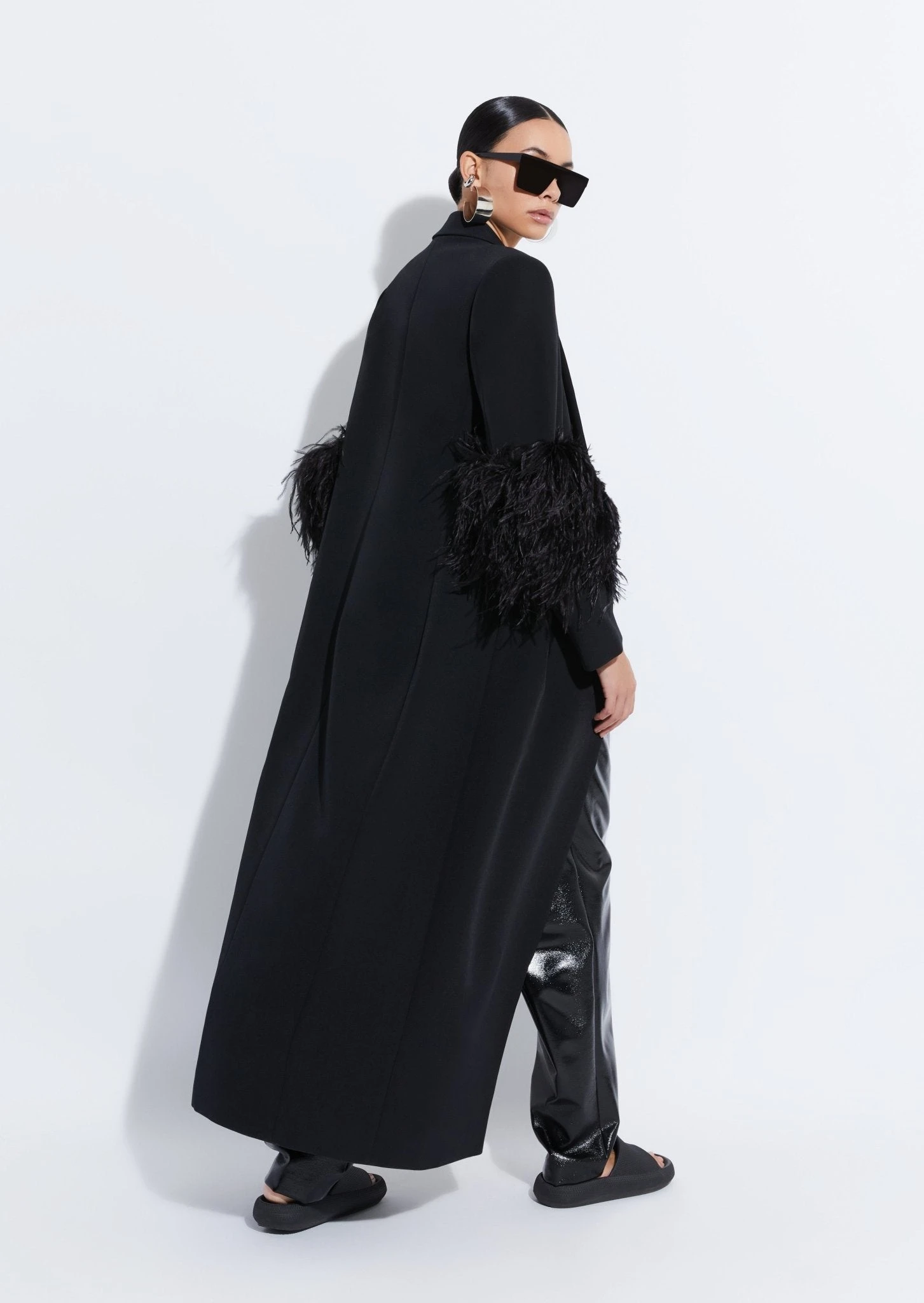 		Matte Crepe Elongated Coat With Feathers	