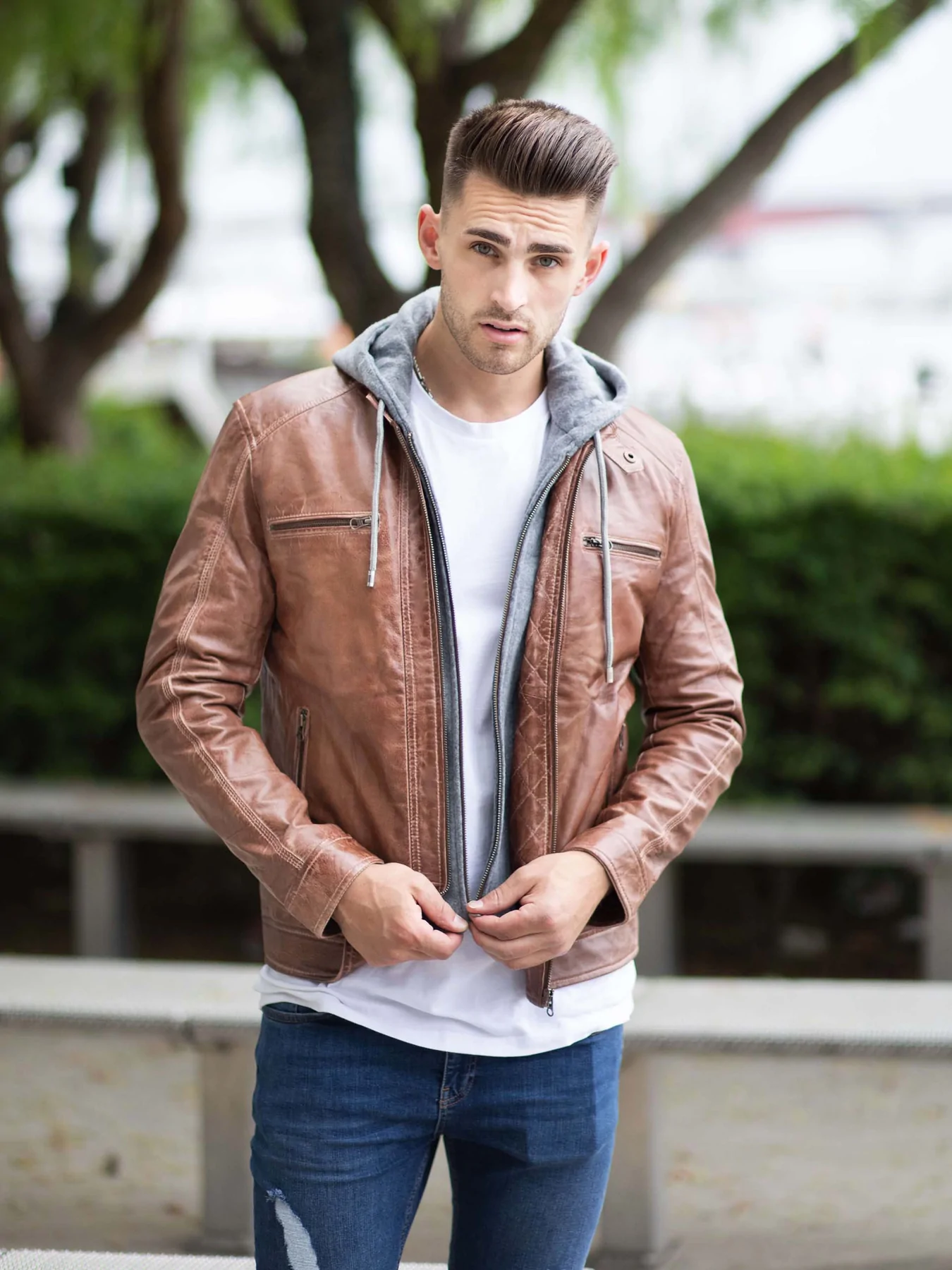 Men's Brown Leather Bomber Jacket With Hood