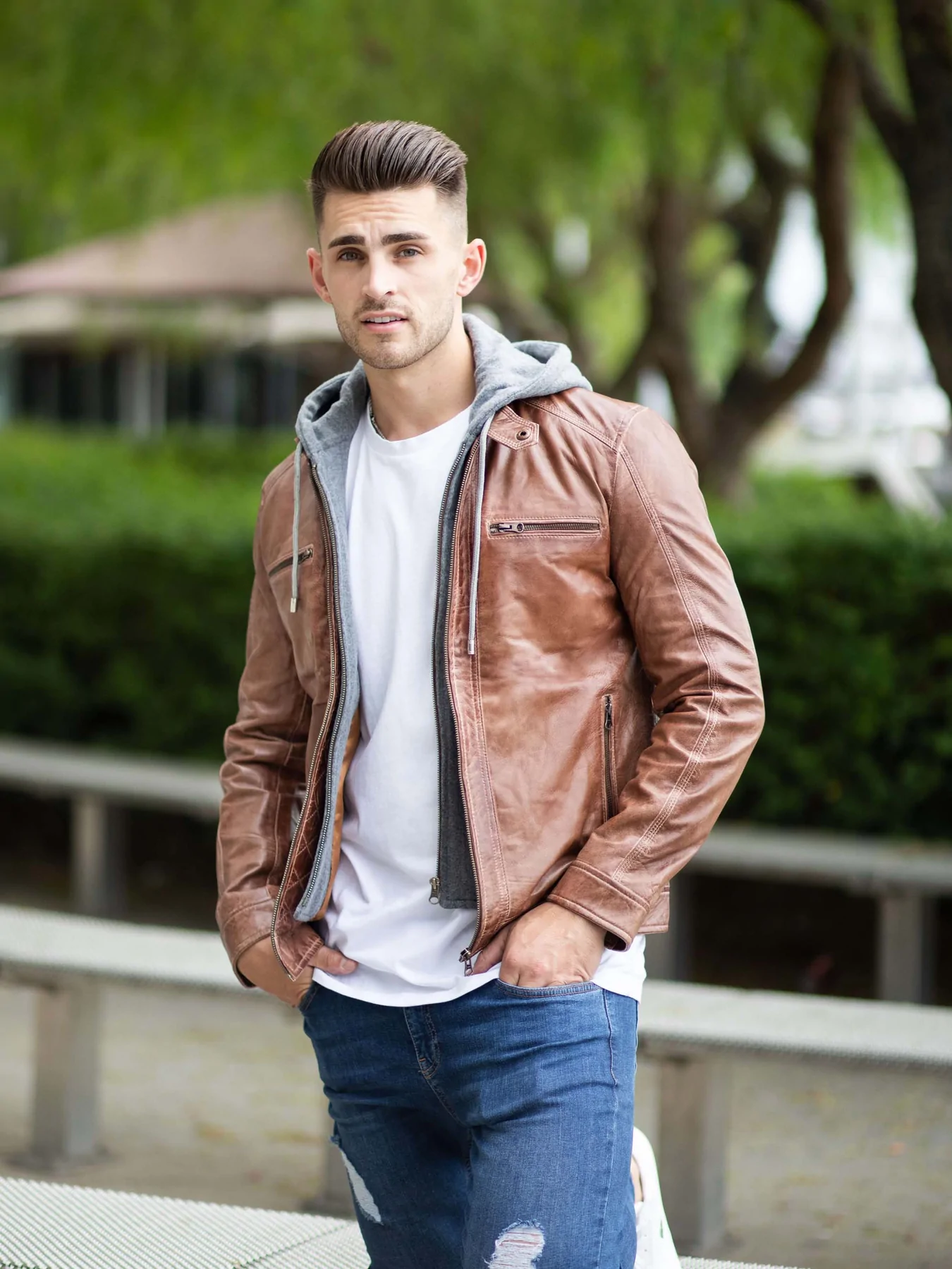 Men's Brown Leather Bomber Jacket With Hood