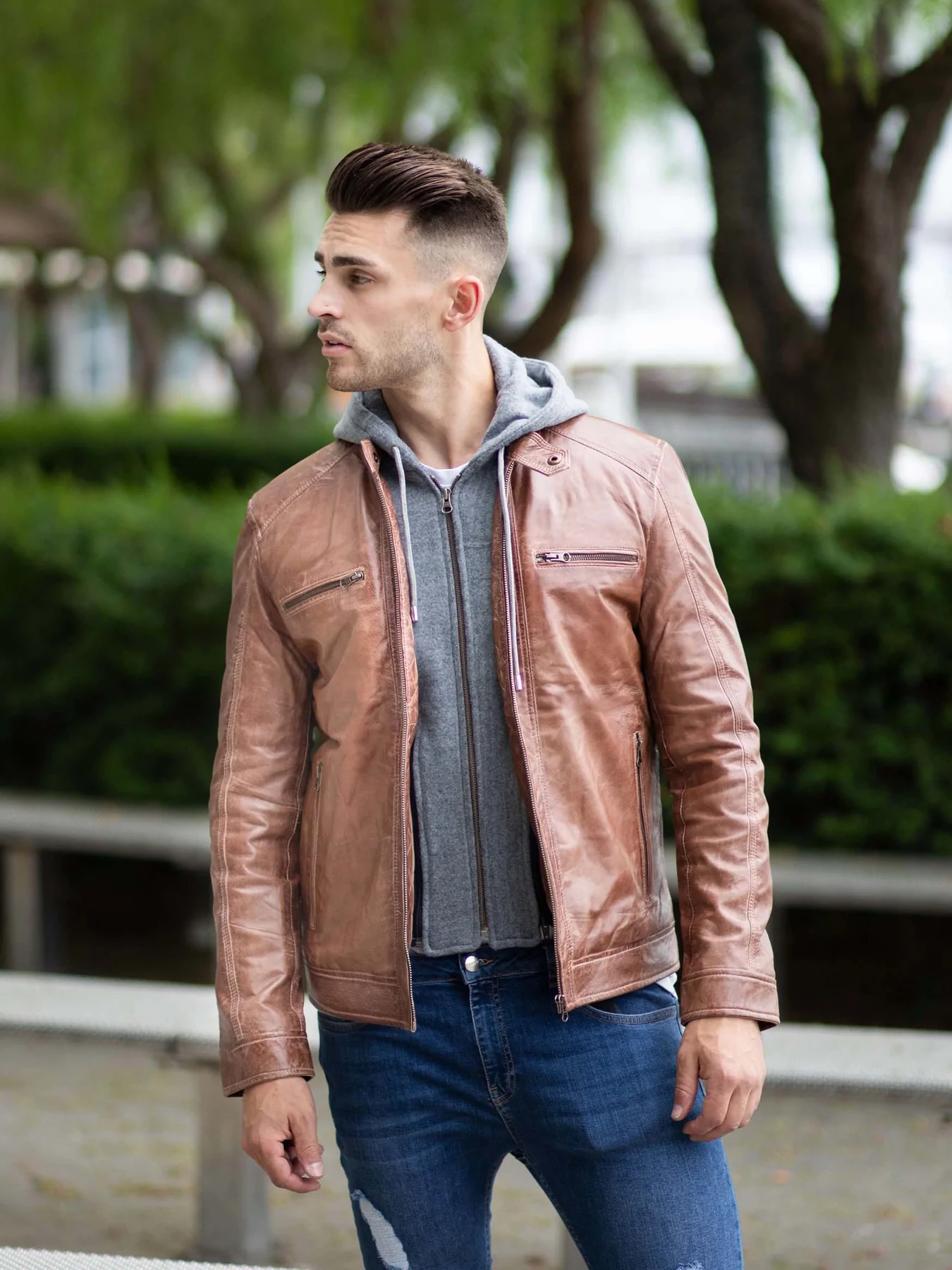 Men's Brown Leather Bomber Jacket With Hood