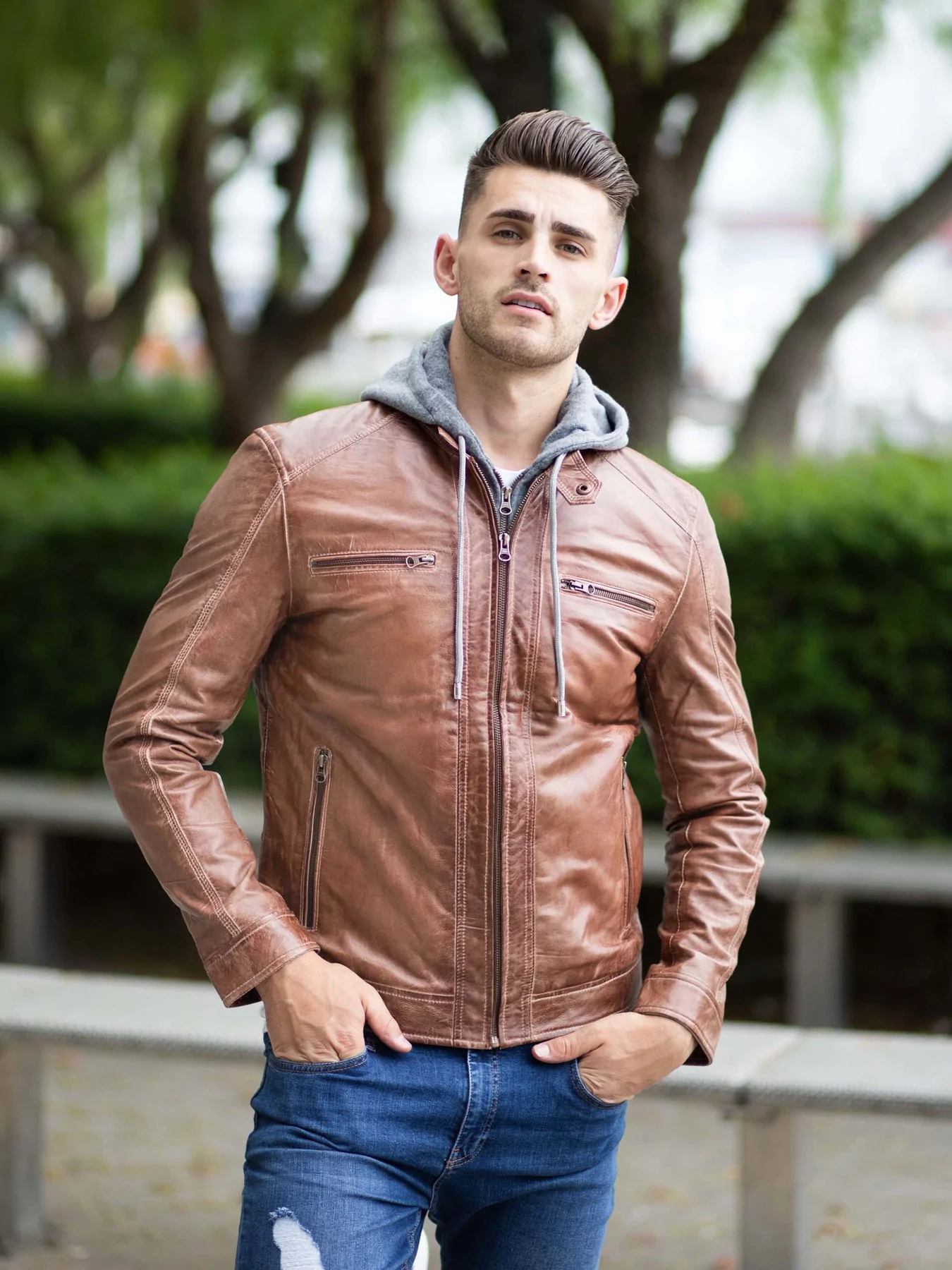 Men's Brown Leather Bomber Jacket With Hood