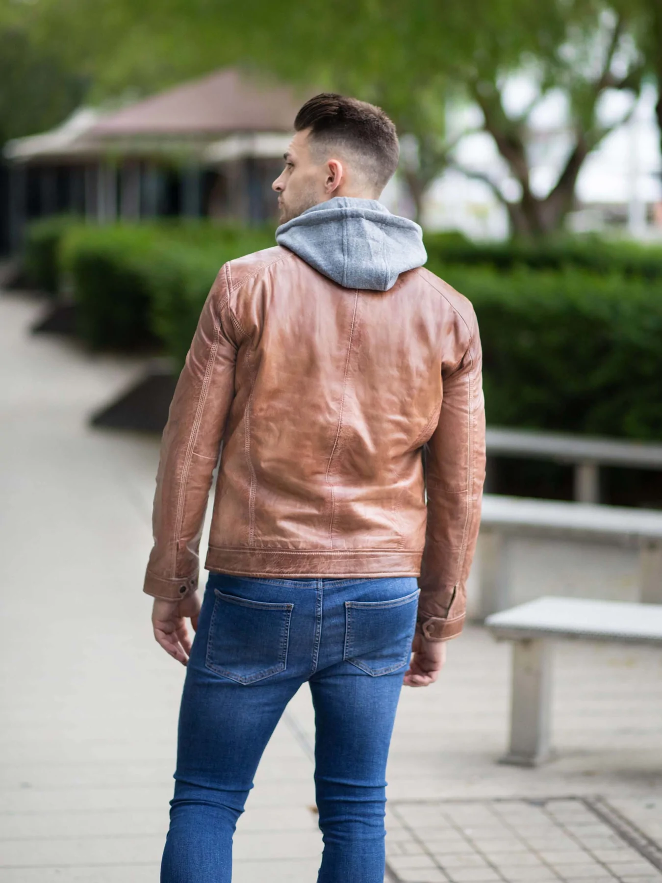 Men's Brown Leather Bomber Jacket With Hood