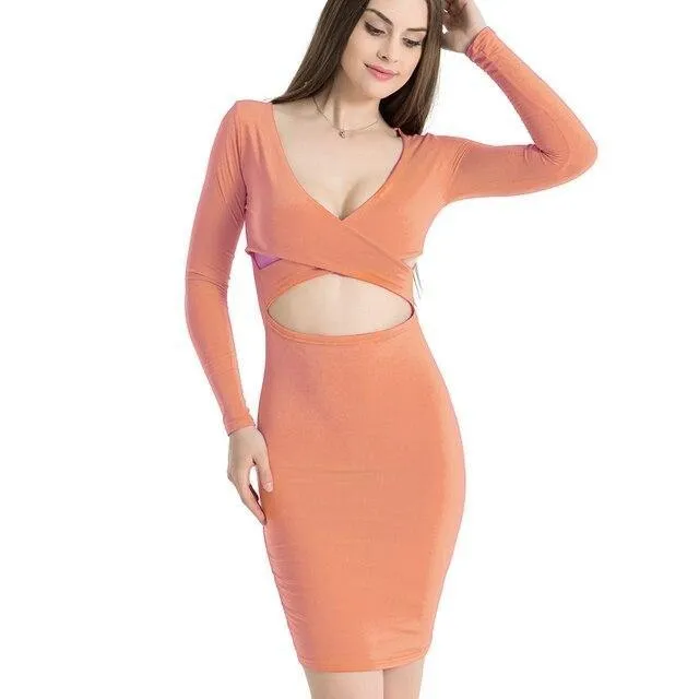 Nadafair Sexy Midi Pencil Club Dress With Long Sleeve