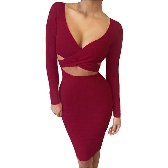 Nadafair Sexy Midi Pencil Club Dress With Long Sleeve