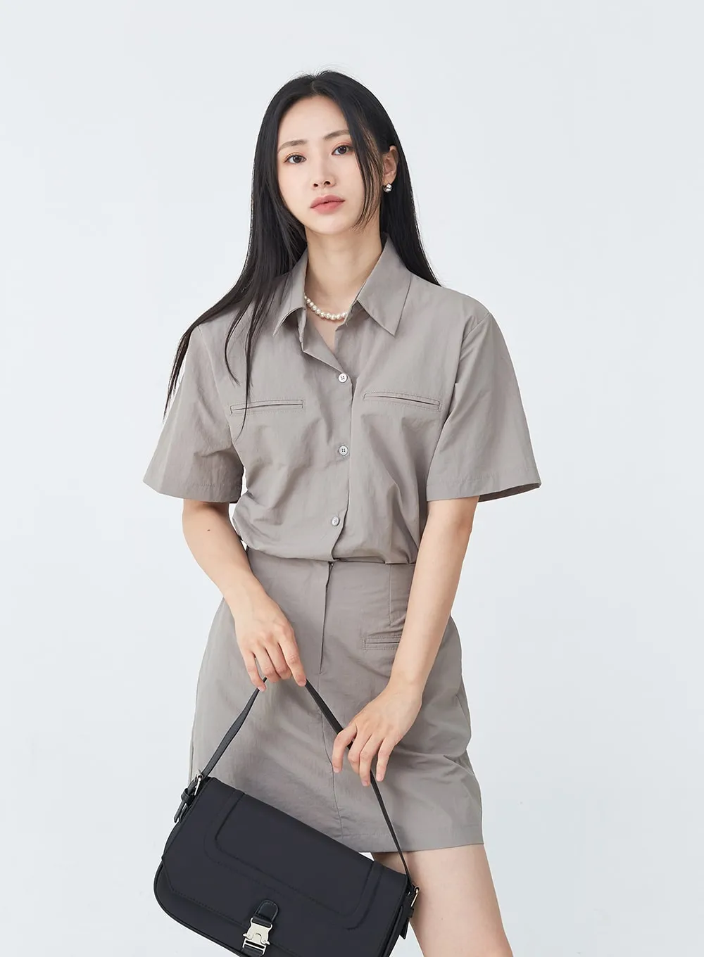 Nylon Set-up Skirt with Fake Pocket UU1407