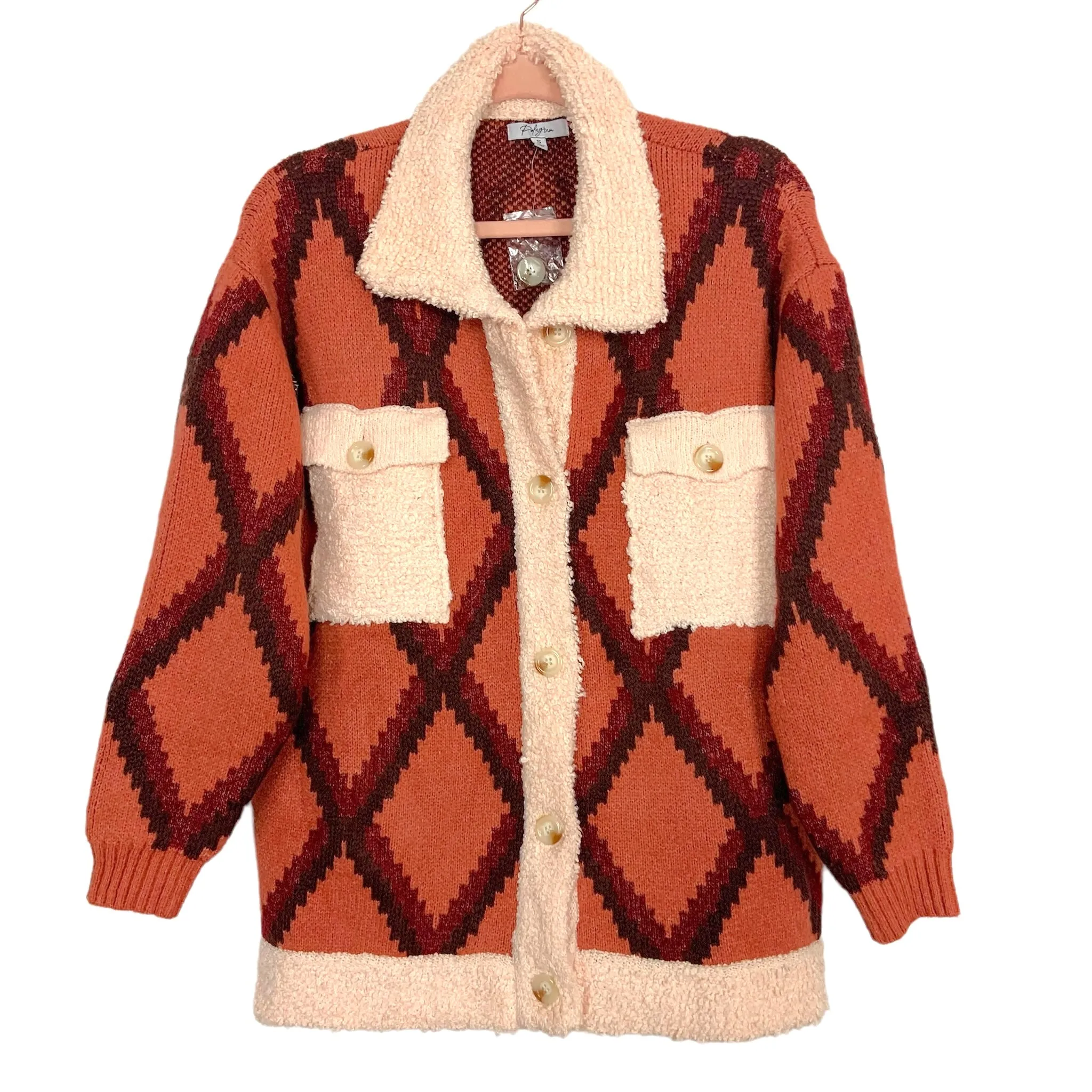 Polagram Salmon/Rust/Brown Pattern with Cream Trim Shacket- Size S