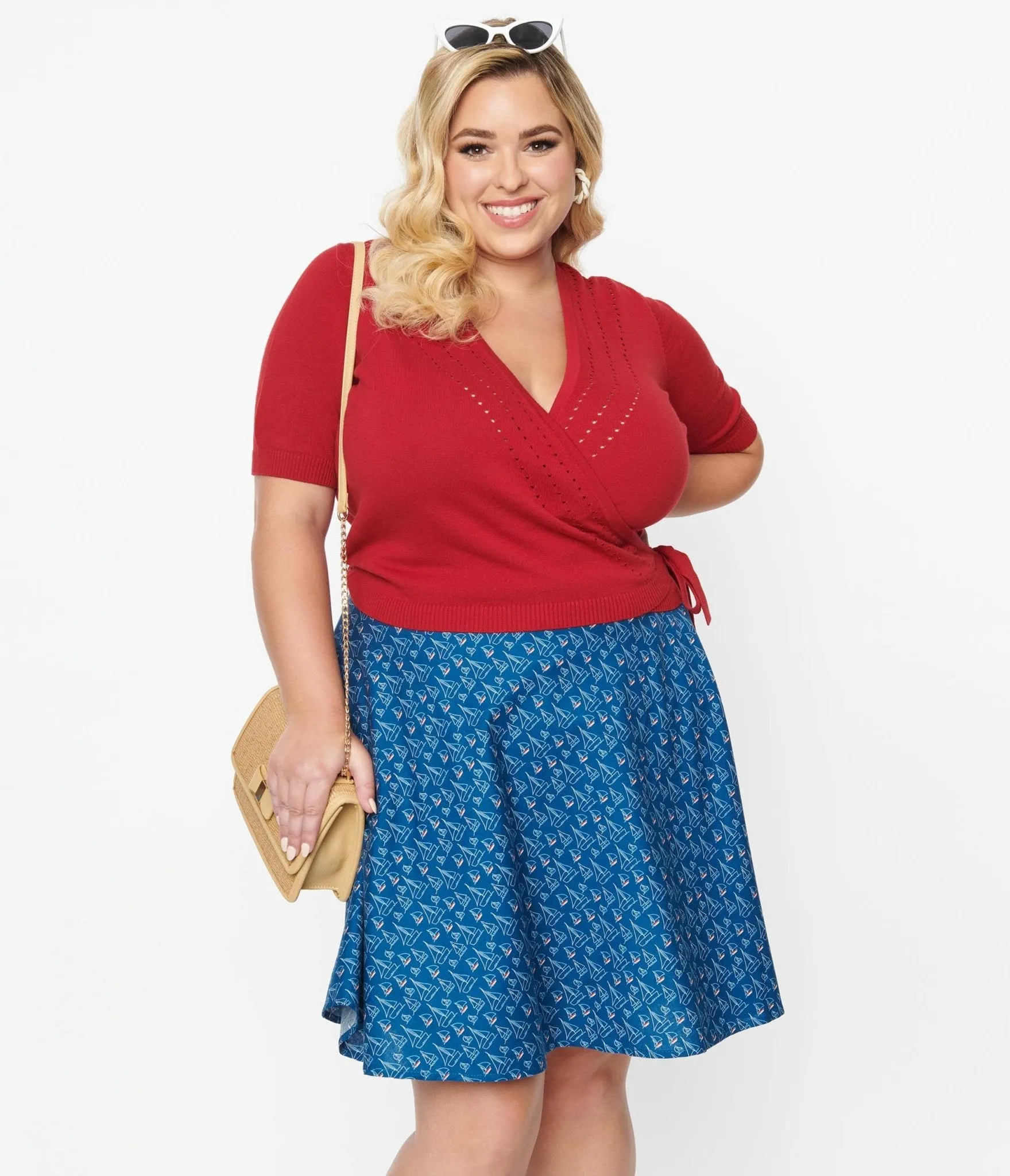 Retrolicious Plus Size Navy Sailboats Flare Skirt