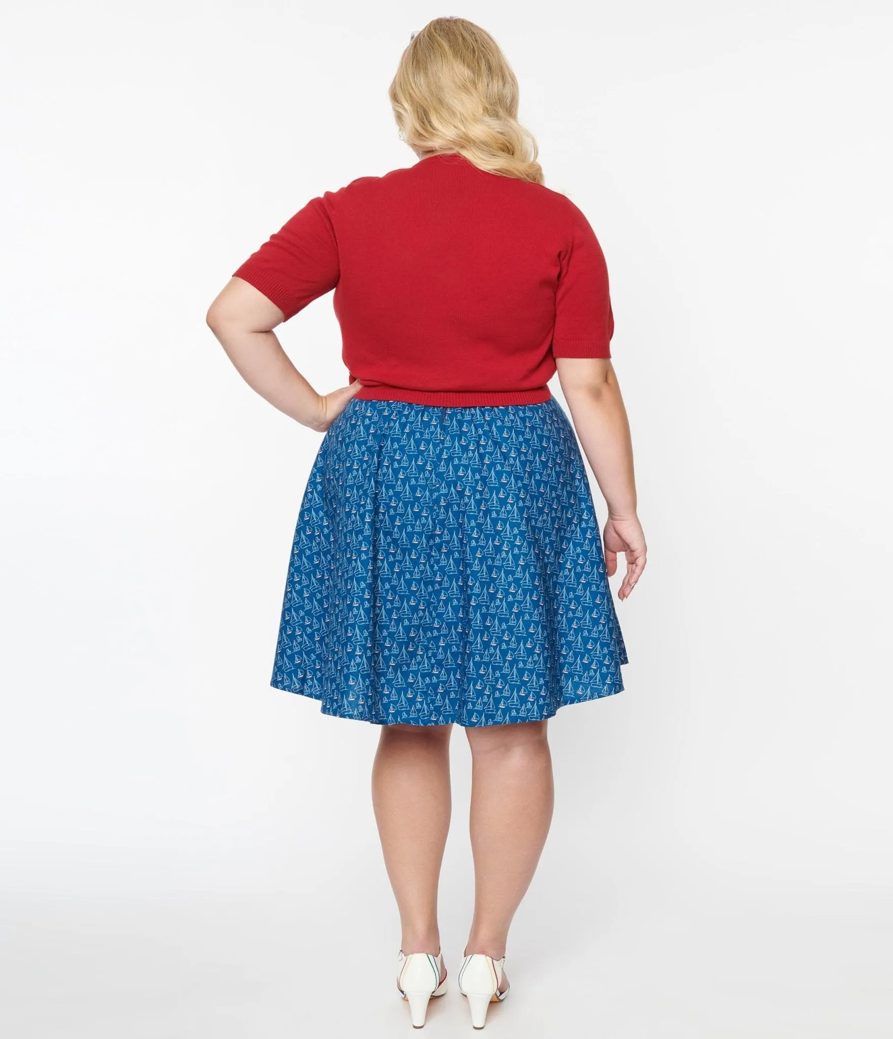 Retrolicious Plus Size Navy Sailboats Flare Skirt