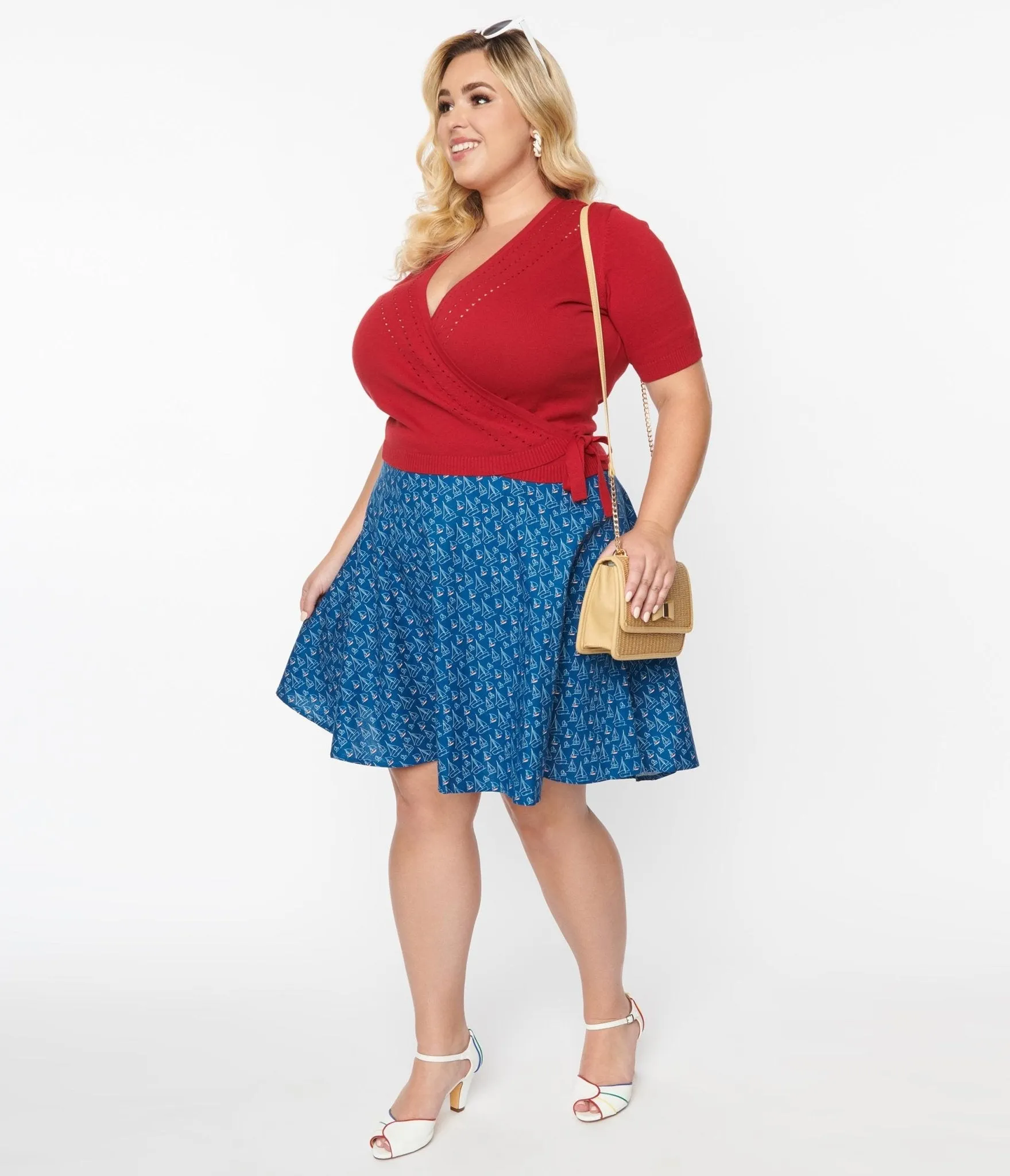 Retrolicious Plus Size Navy Sailboats Flare Skirt