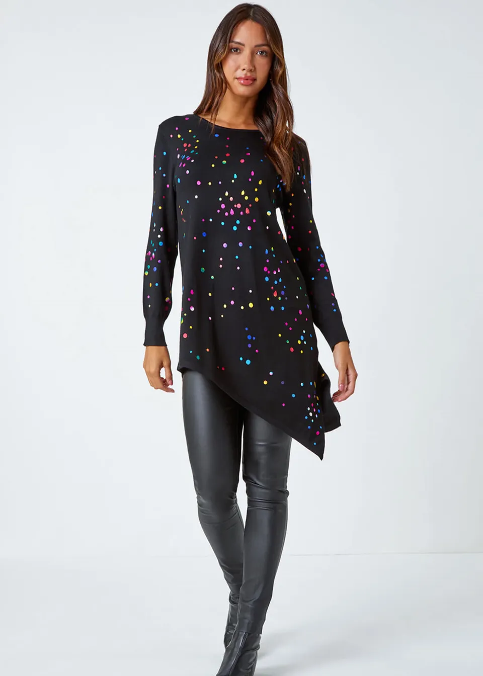 Roman Black Longline Metallic Spot Asymmetric Jumper