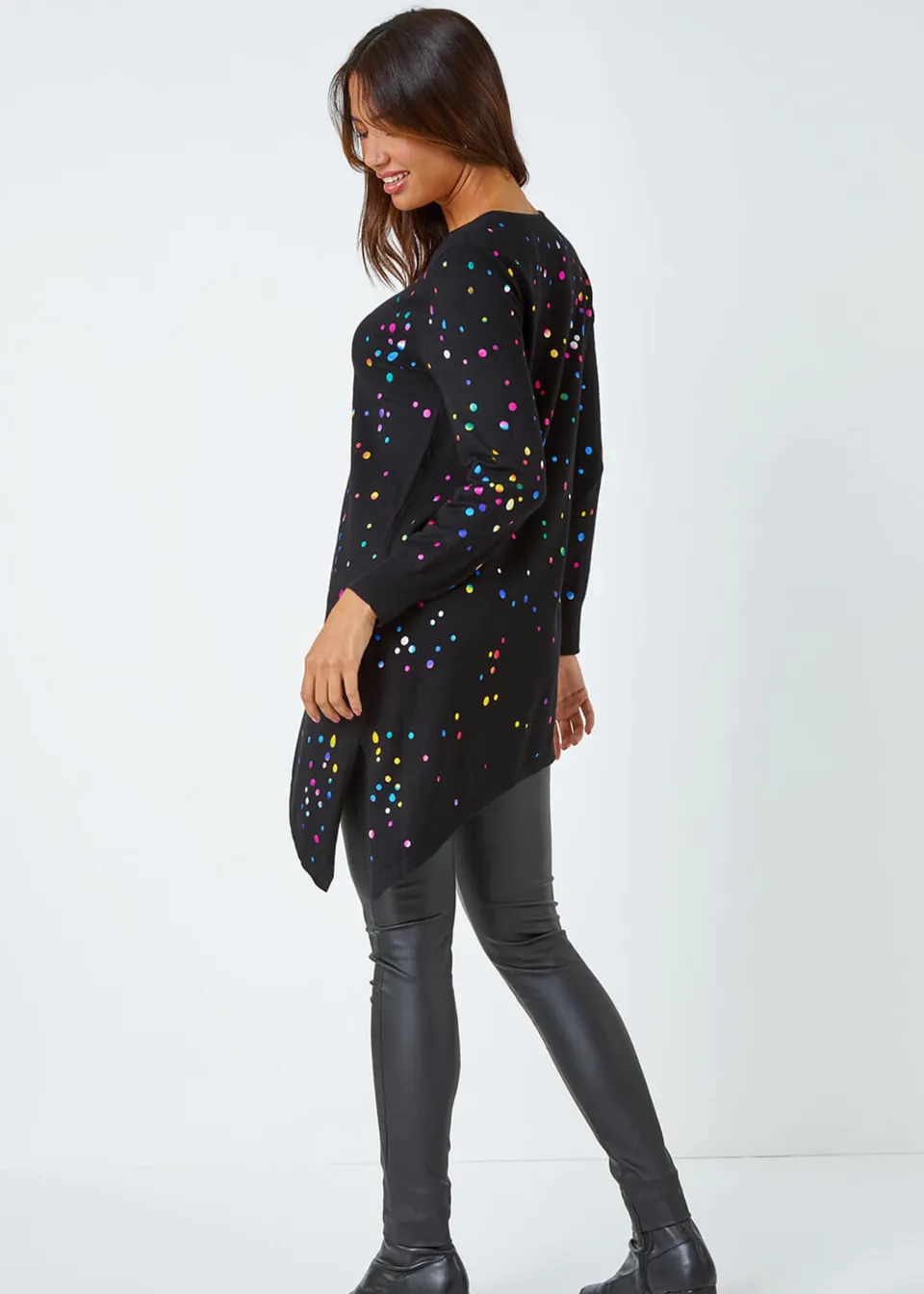 Roman Black Longline Metallic Spot Asymmetric Jumper