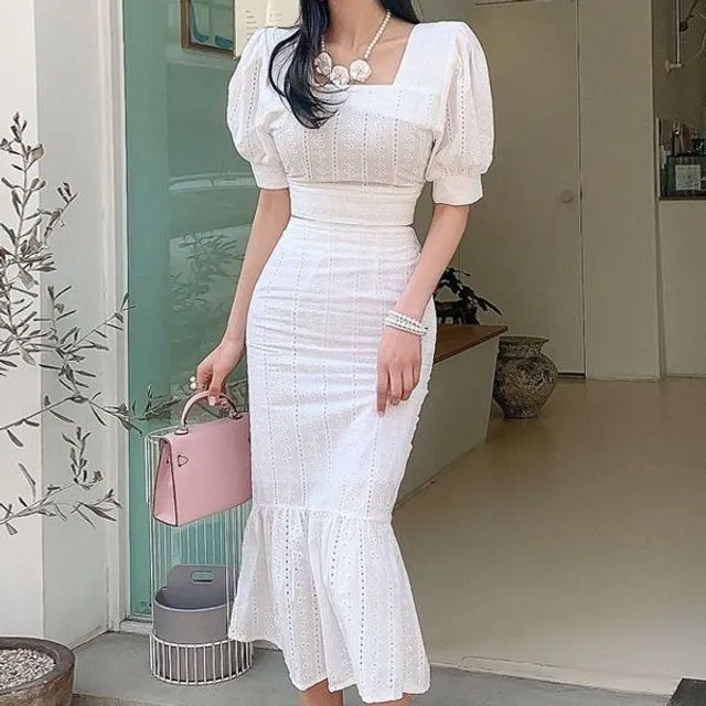 Set: Puff-Sleeve Square Neck Cropped Blouse + High Waist Midi Fishtail Skirt EE28