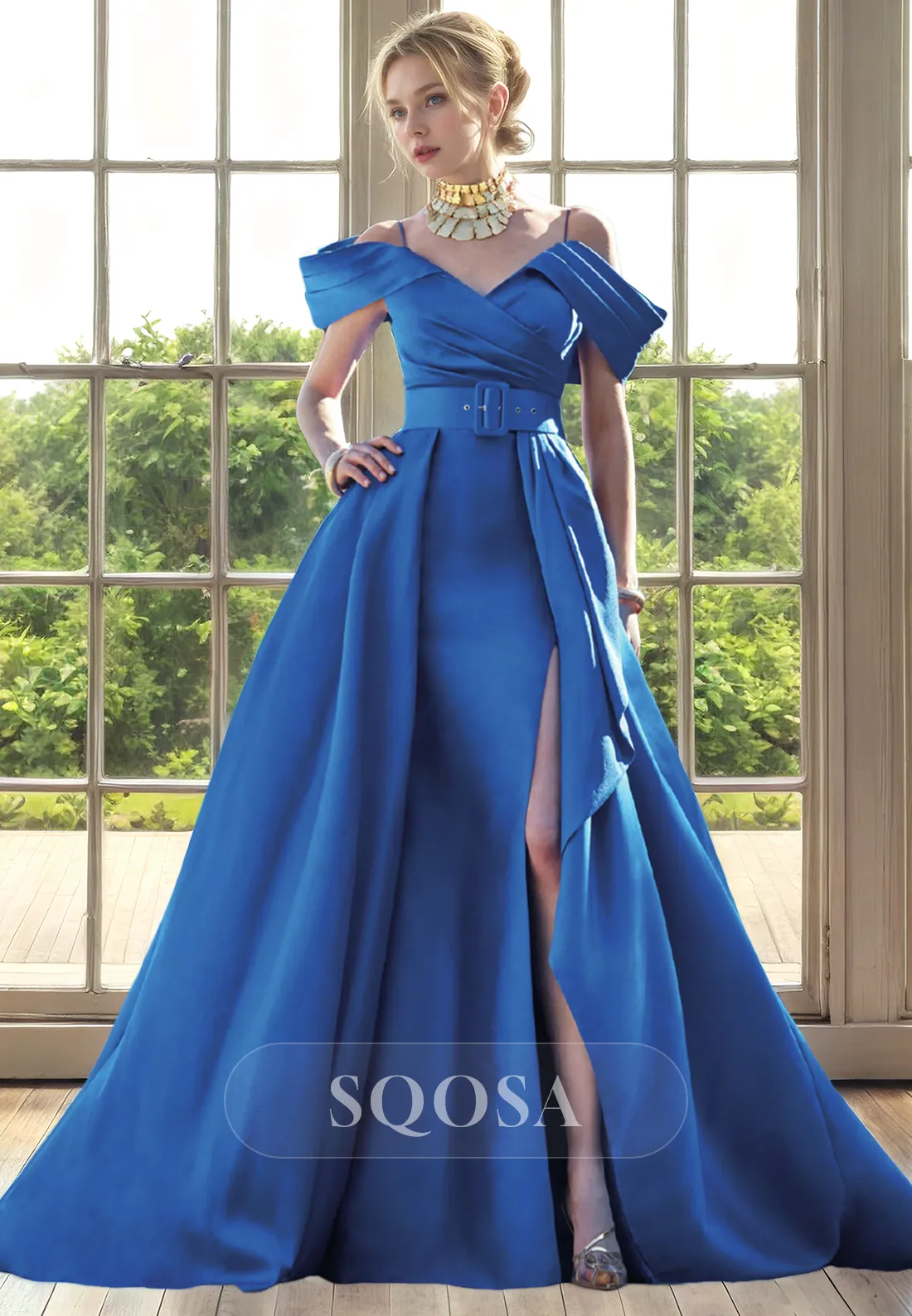 Sheath V Neck Satin Pleats Long Formal Evening Dress for Wedding Blue Mother of the Bride Dress