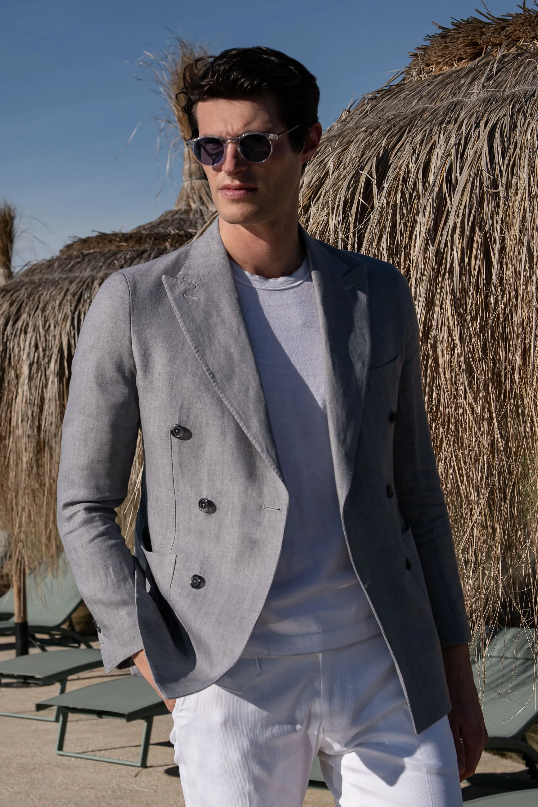 Sky grey herringbone double breasted linen jacket - Made in Italy