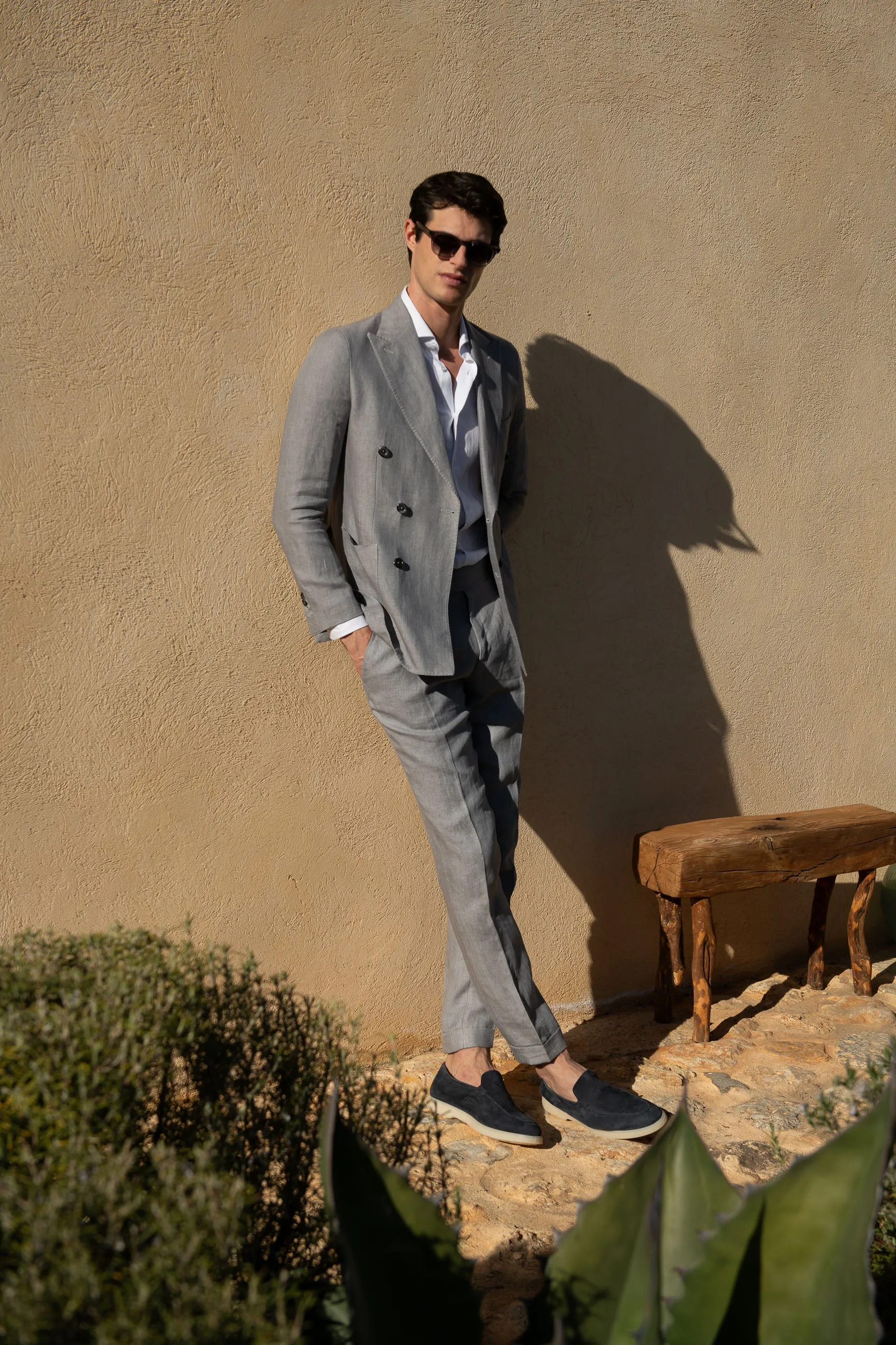 Sky grey herringbone double breasted linen jacket - Made in Italy