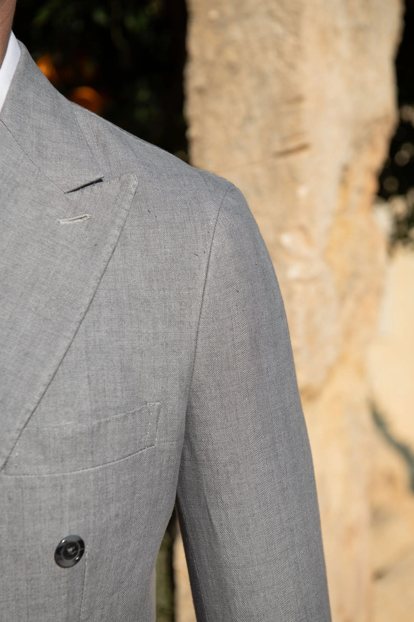 Sky grey herringbone double breasted linen jacket - Made in Italy