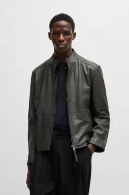 Slim-fit jacket in leather with stand collar