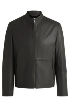 Slim-fit jacket in leather with stand collar